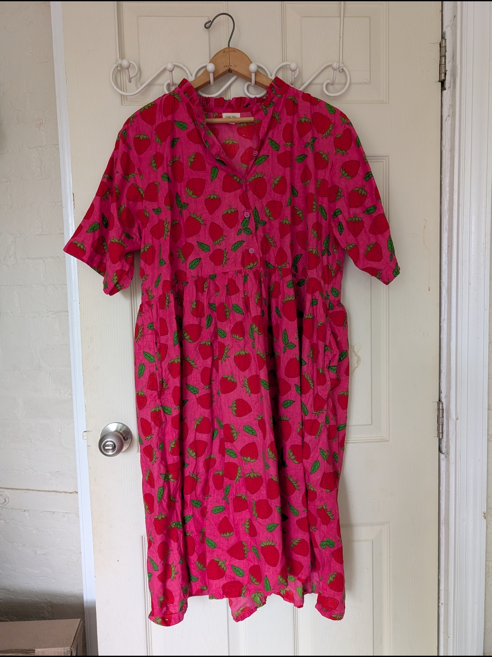 Pink Strawberry Print Midi Dress 100% Cotton L/XL